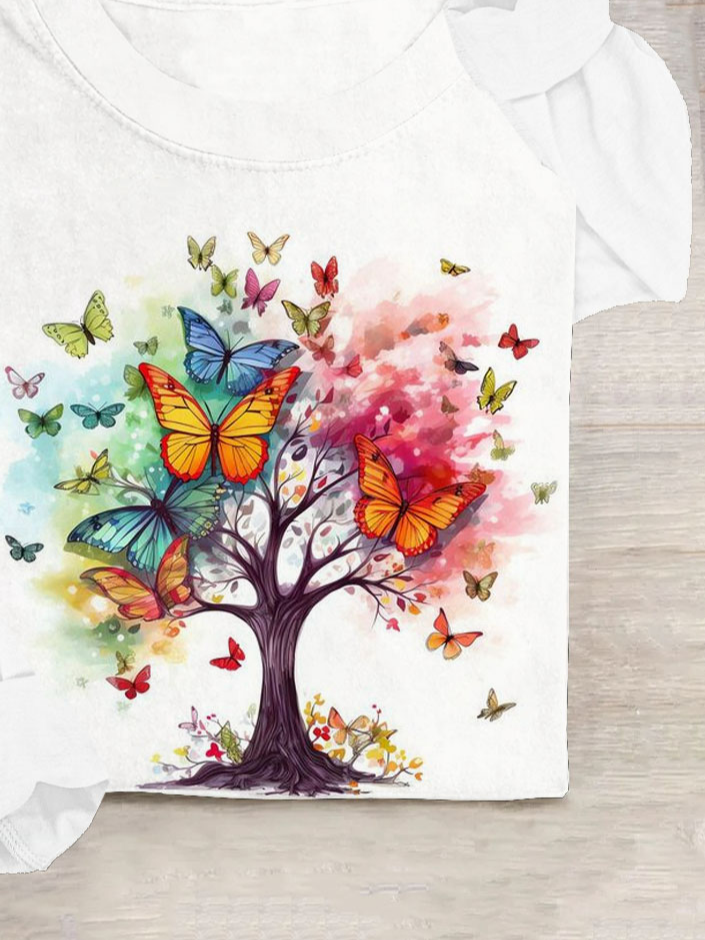 Schmetterling Baum Print Lässig Rundhals Langarm Damen T-Shirt