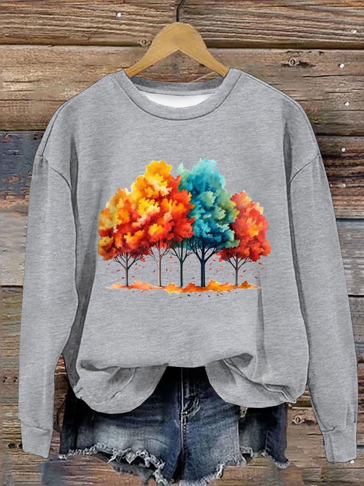 Baumwolle Weit Lässig Baum Sweatshirt