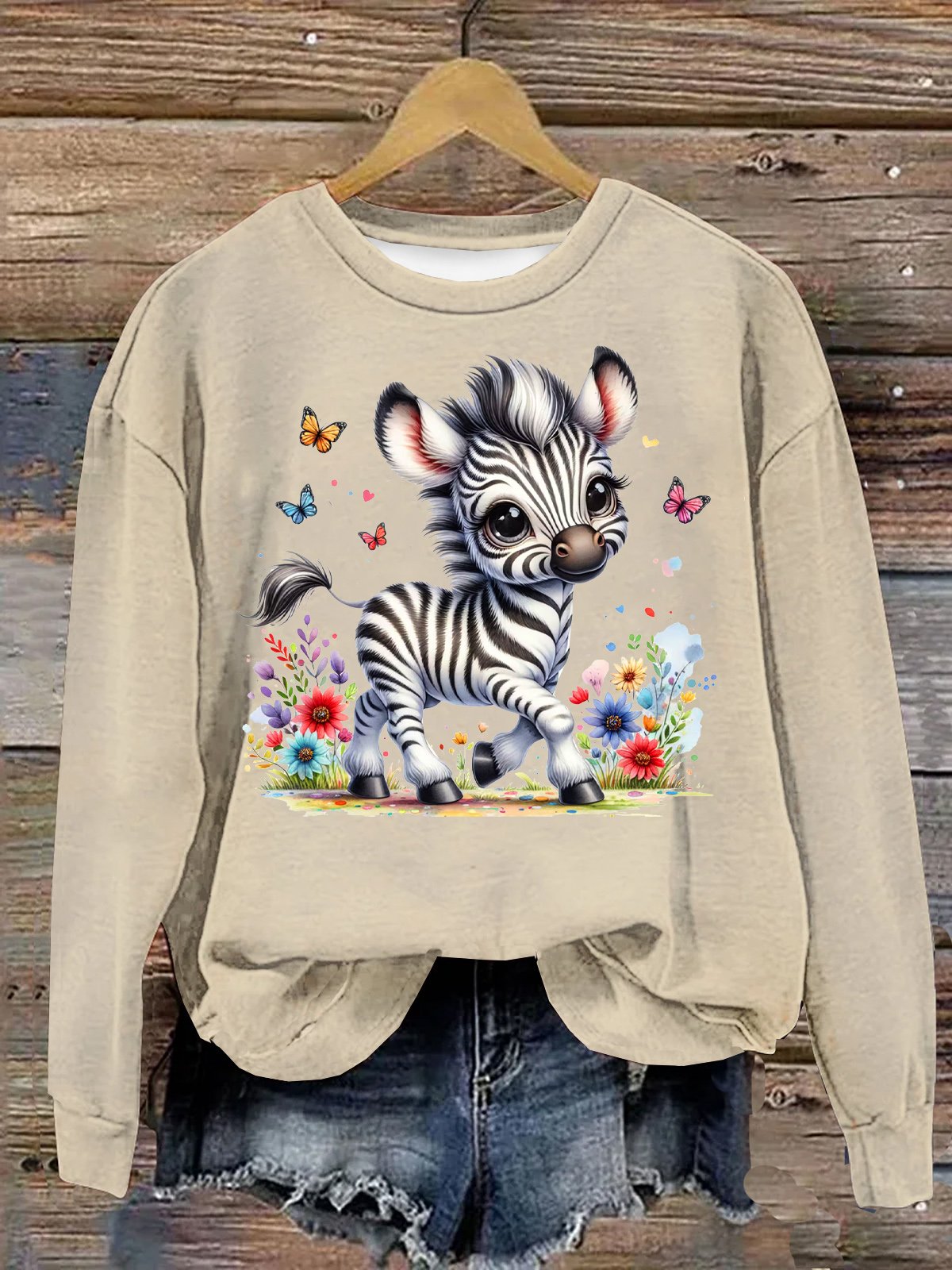 Baumwolle Lässig Zebra Mit Geblümt Rundhals Sweatshirt