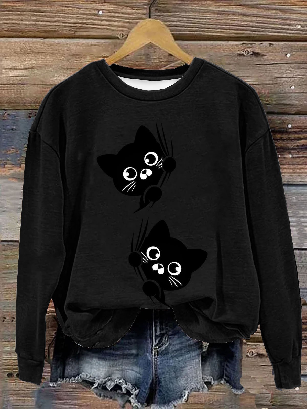 Lustig Katze Print Damen Lässig Langarm Rundhals Pullover Sweatshirt