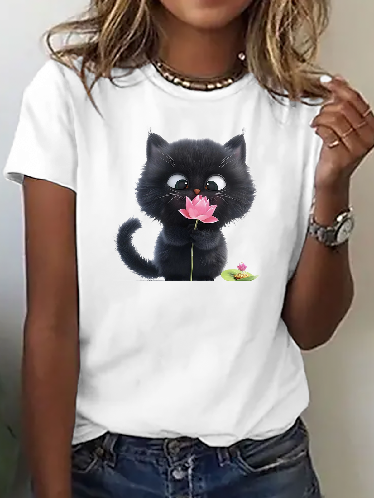 Rundhals Katze Baumwolle Lässig T-Shirt