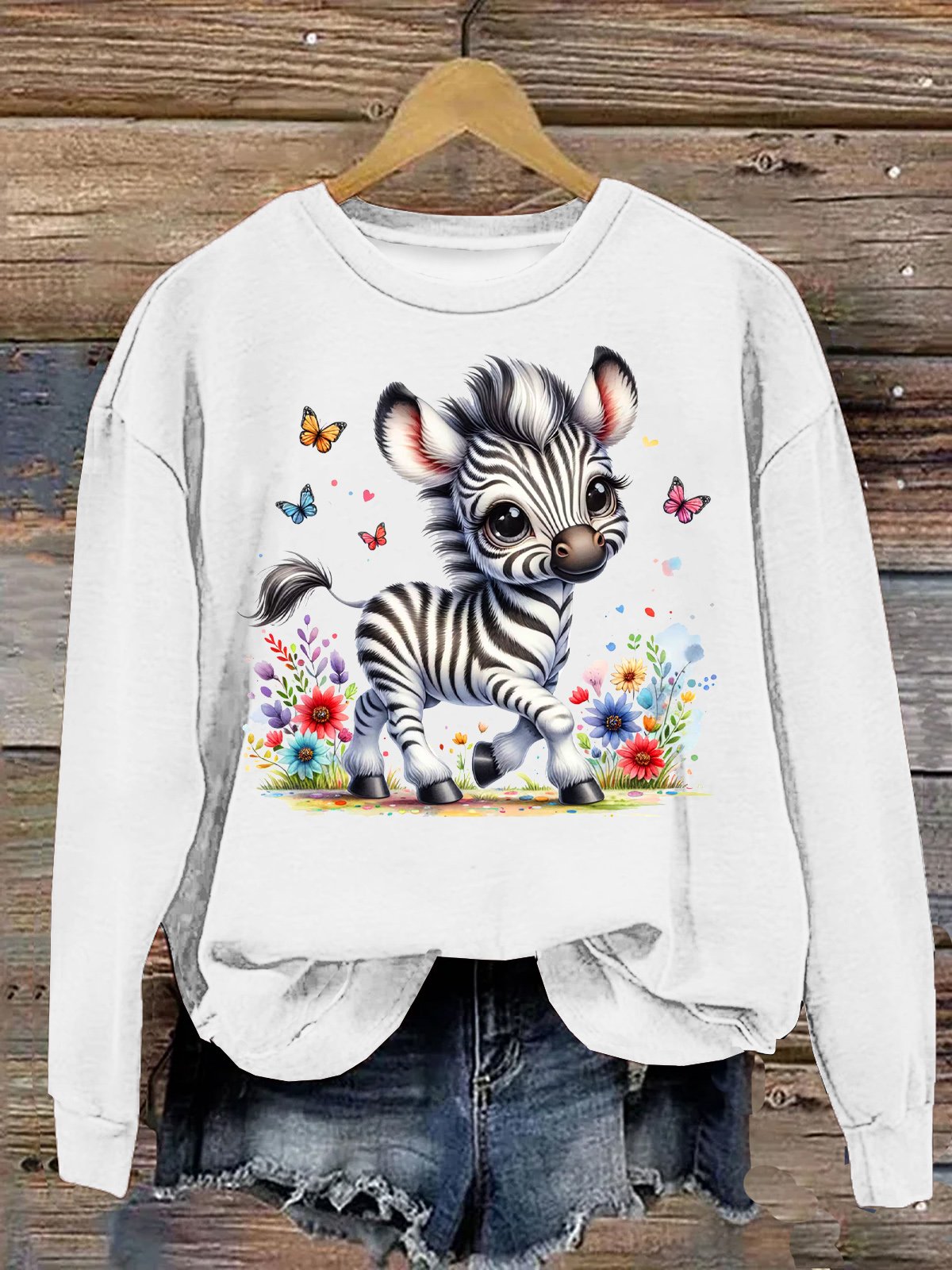 Baumwolle Lässig Zebra Mit Geblümt Rundhals Sweatshirt