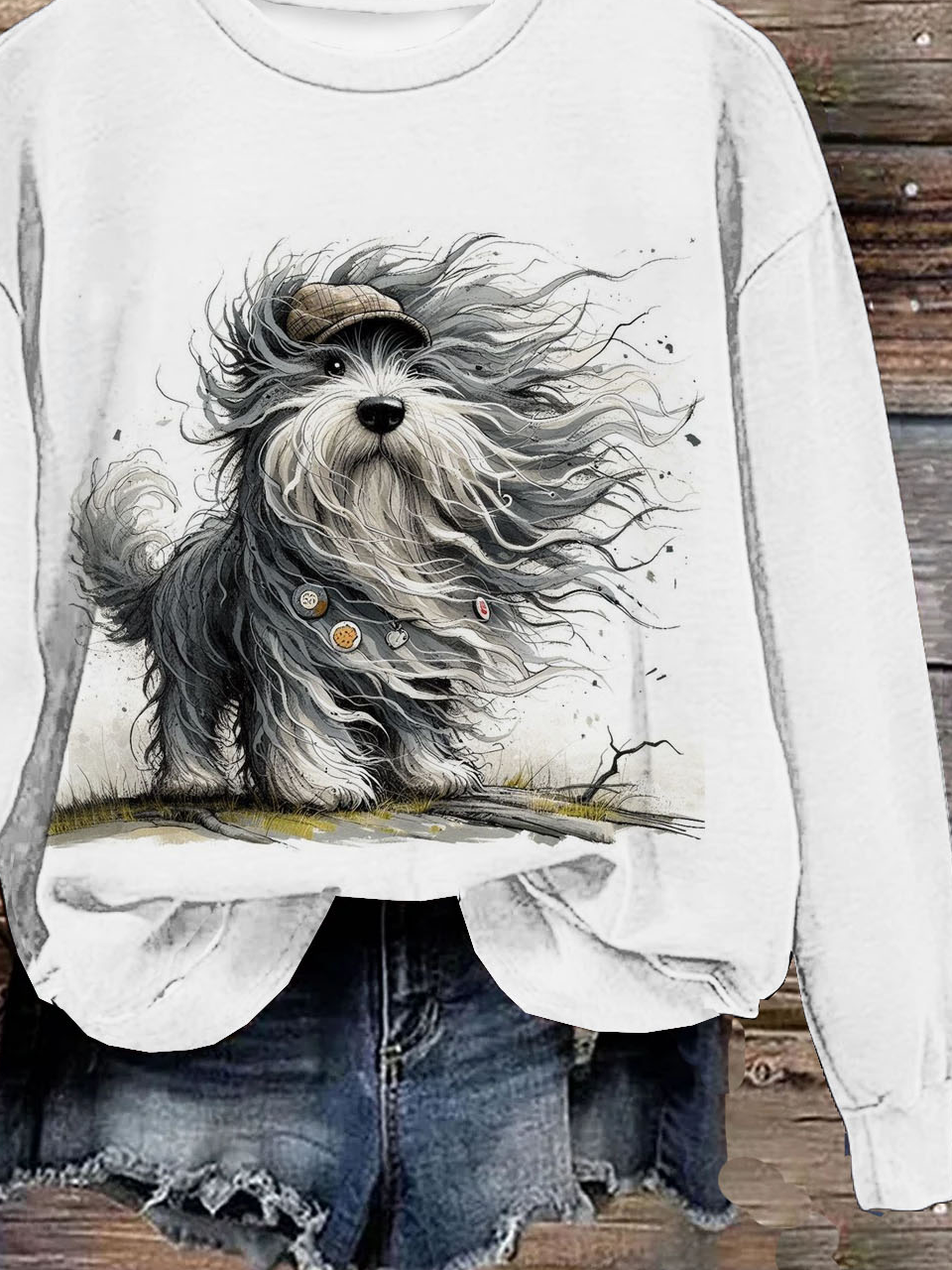 Lustig Hund Print Damen Lässig Langarm Rundhals Pullover Sweatshirt