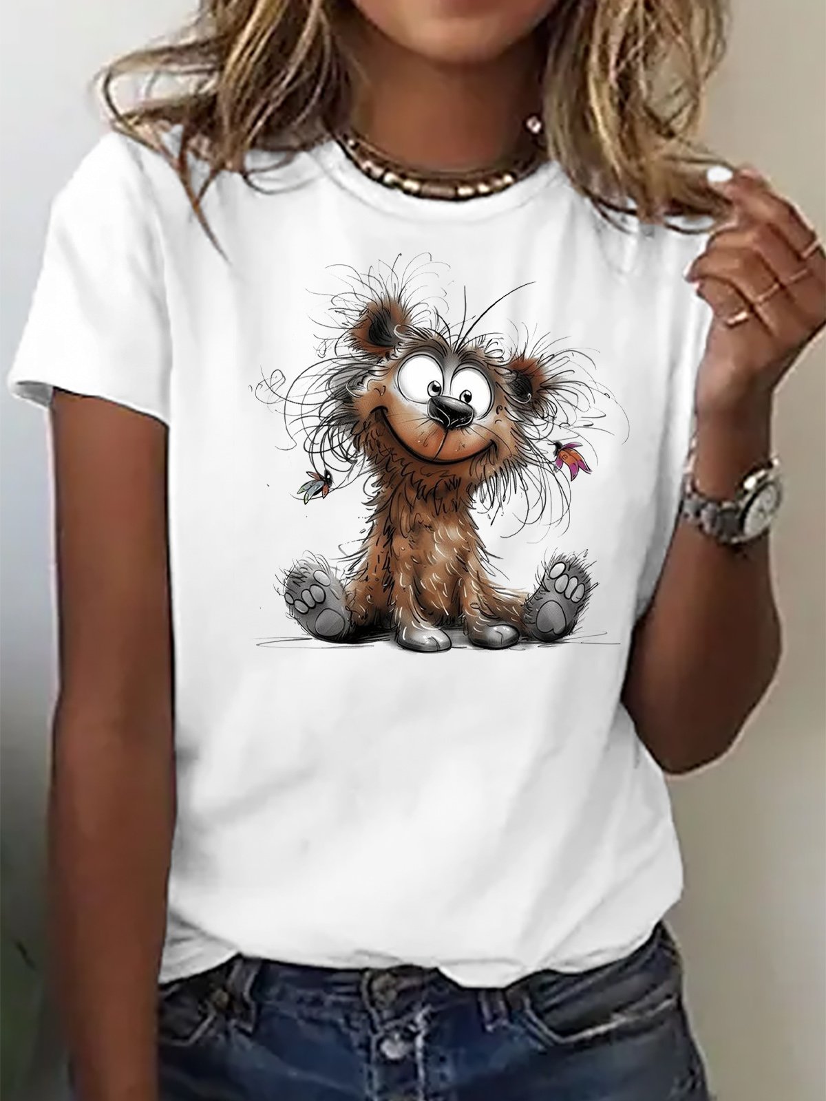 Bär verrückt Kartoon Rundhals Lässig T-Shirt