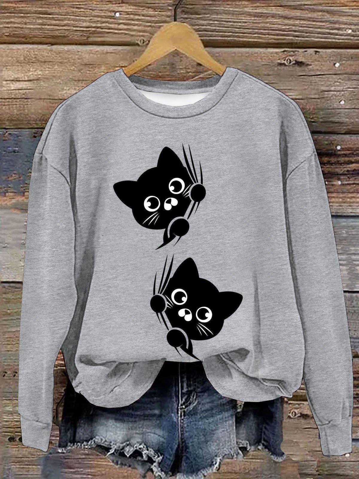 Lustig Katze Print Damen Lässig Langarm Rundhals Pullover Sweatshirt