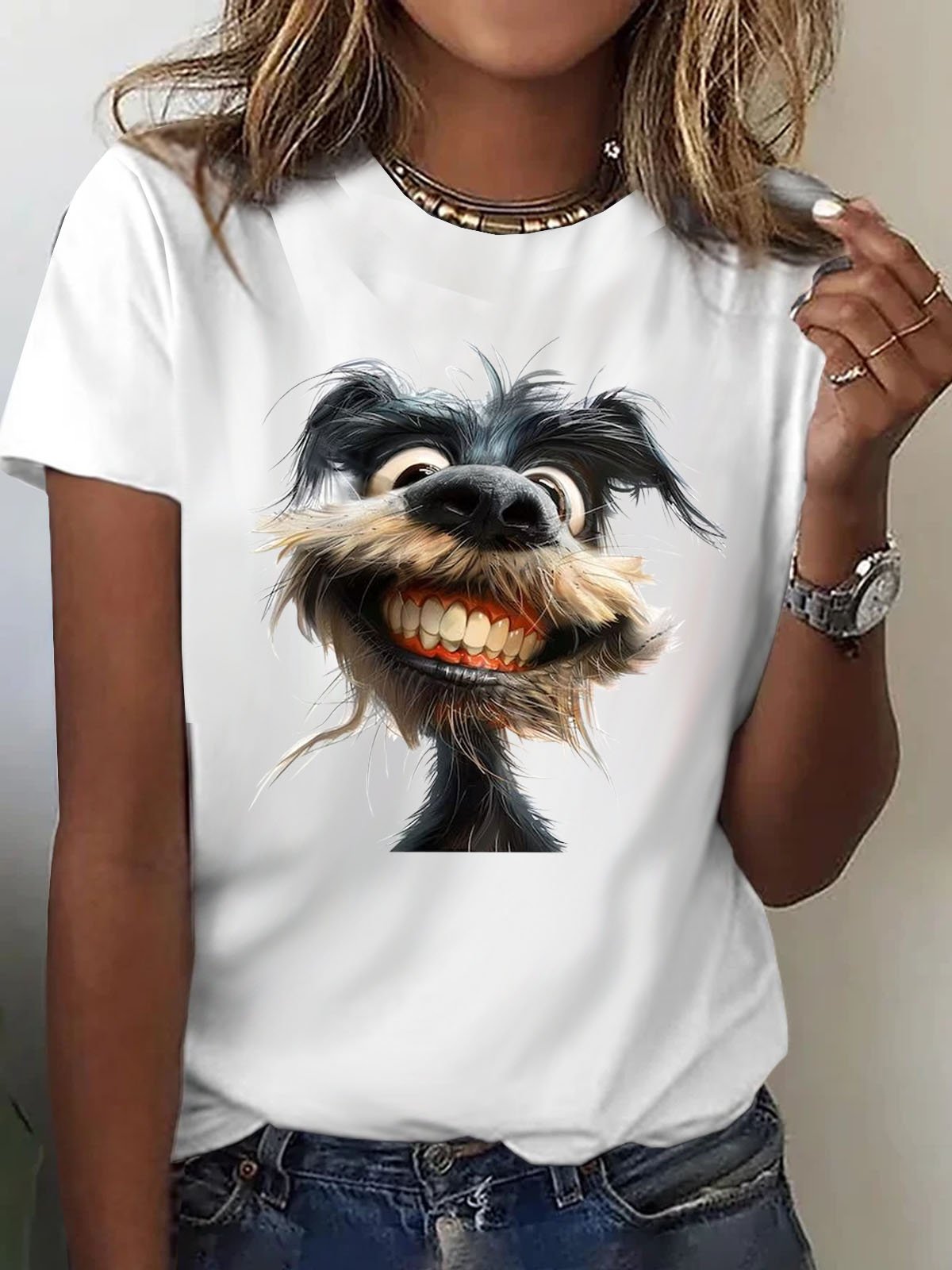 Lustig Gezahnt Hund Print Rundhals T-Shirt