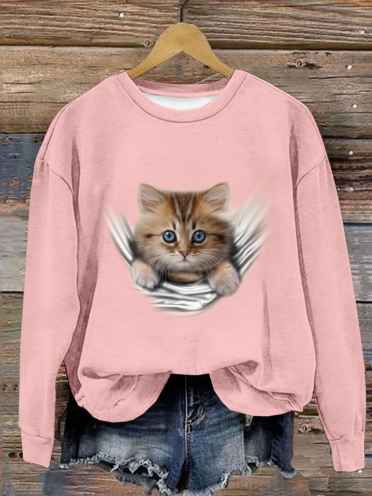 Süß Katze Print Damen Lässig Langarm Rundhals Pullover Sweatshirt