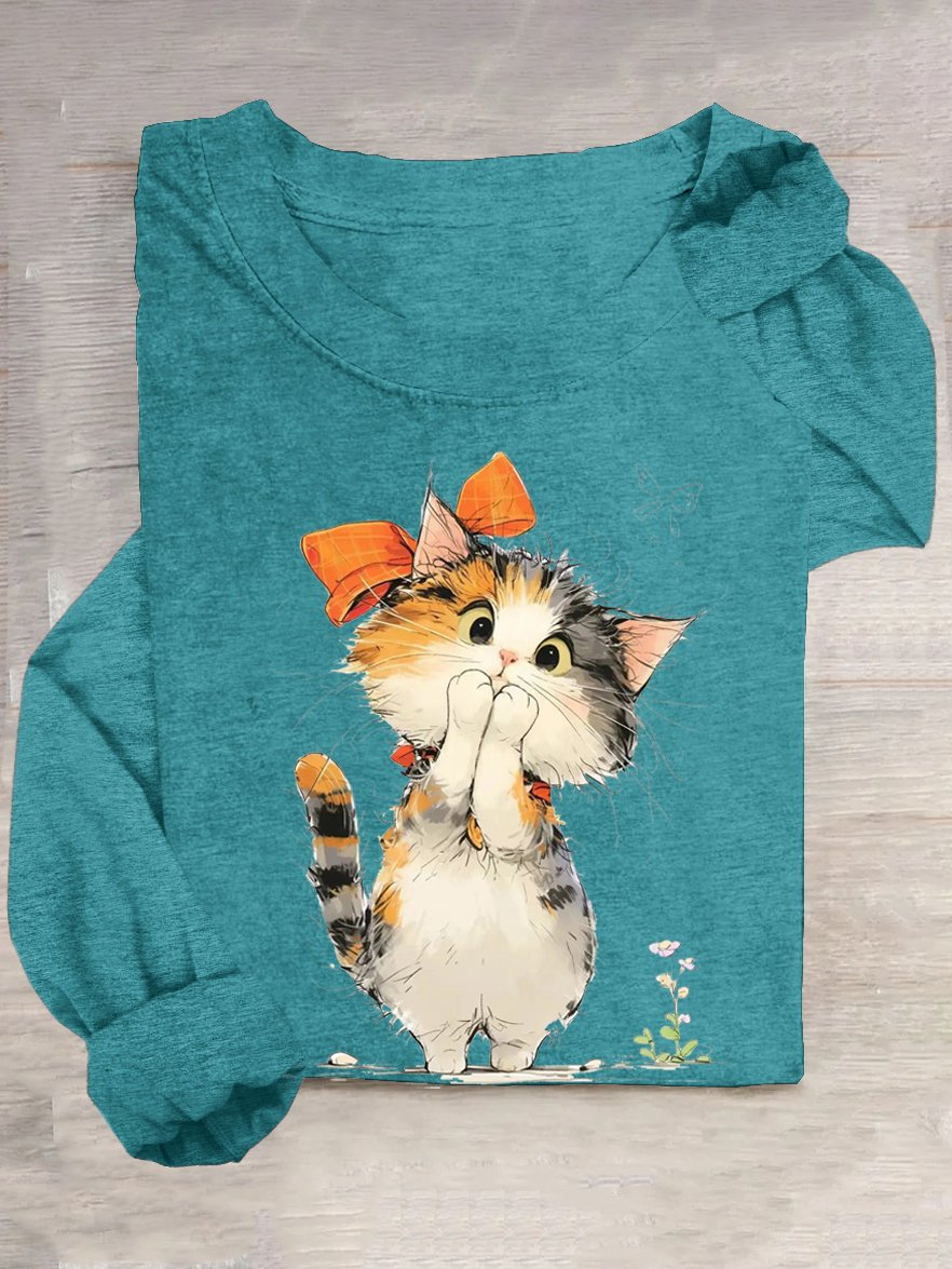 Weit Lässig Katze Baumwollmischung T-Shirt