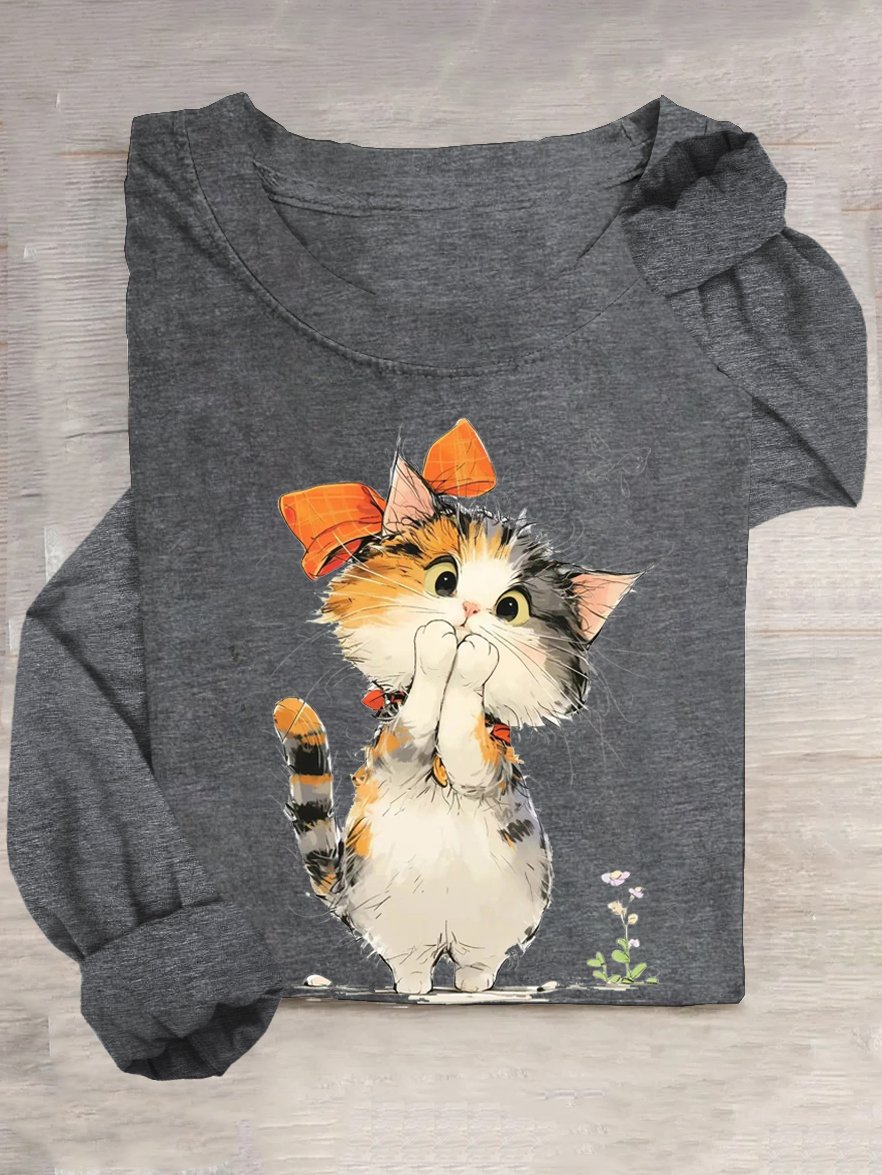 Weit Lässig Katze Baumwollmischung T-Shirt