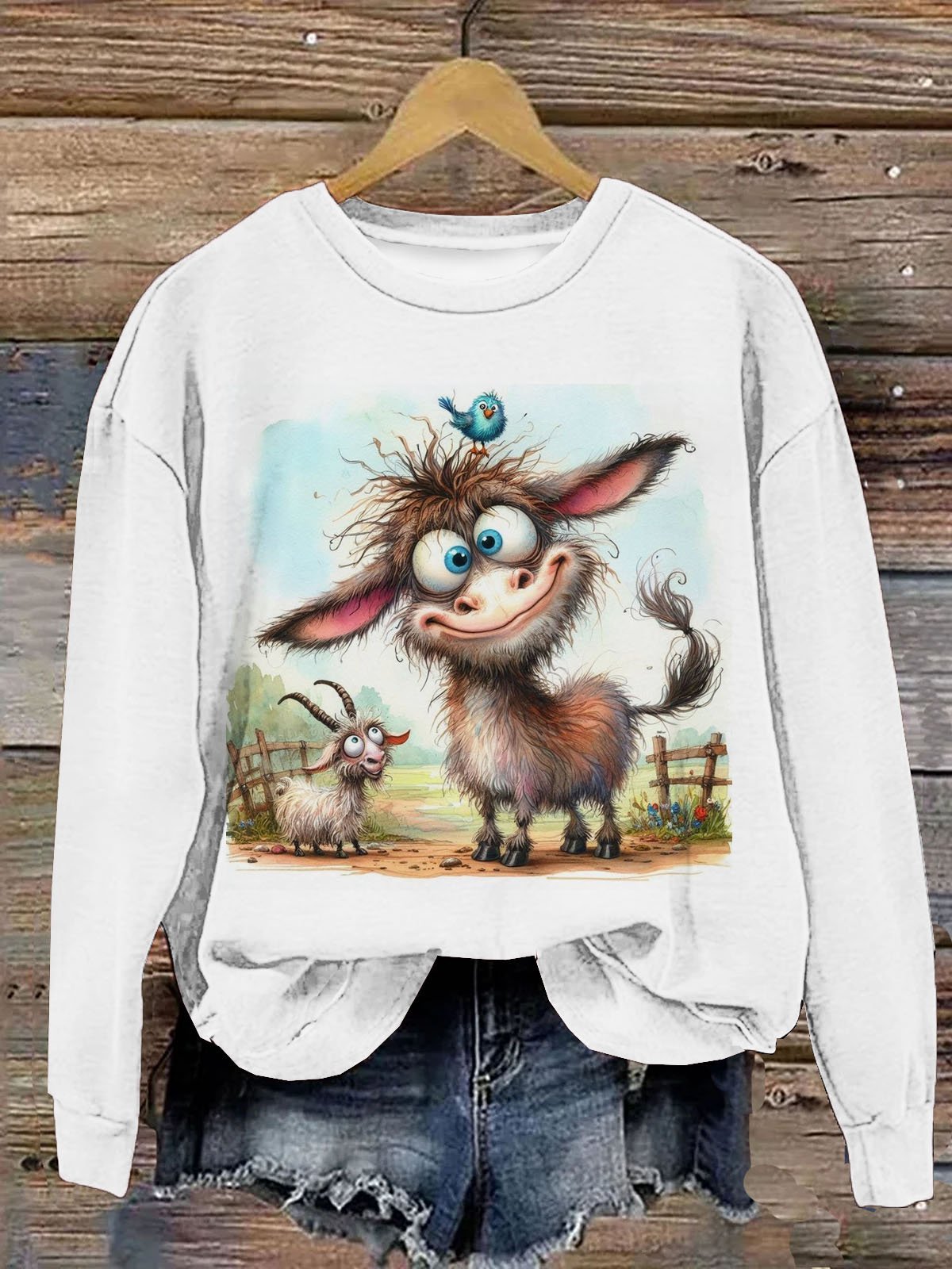 Kuh und Schaf Bauernhof Print Damen Lässig Langarm Rundhals Sweatshirt