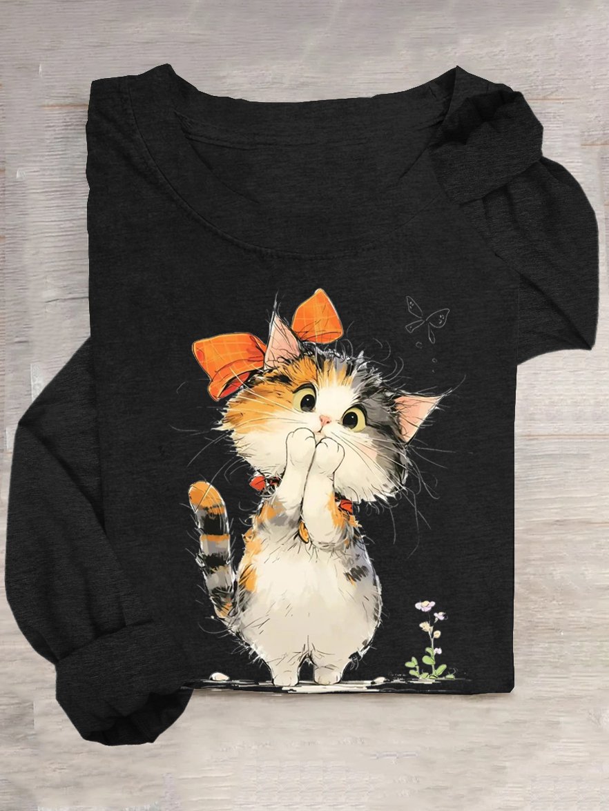 Weit Lässig Katze Baumwollmischung T-Shirt