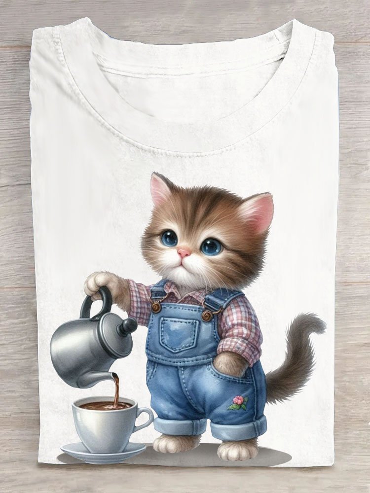 Lustig Katze Print Damen Lässig Kurz Ärmeln Rundhals T-Shirt