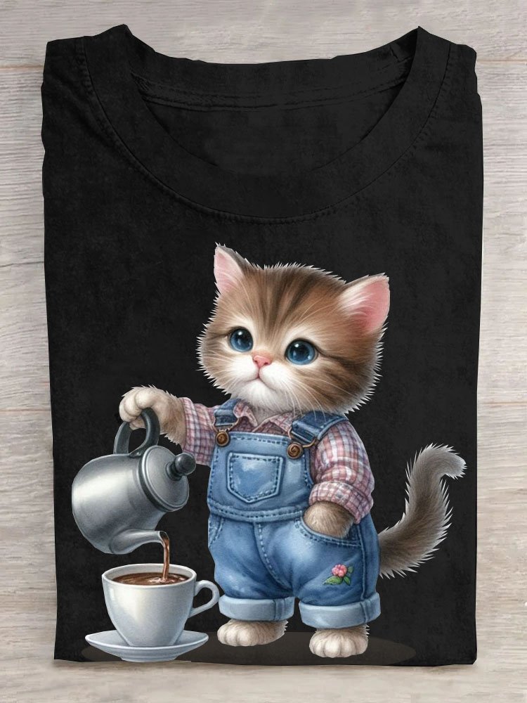 Lustig Katze Print Damen Lässig Kurz Ärmeln Rundhals T-Shirt