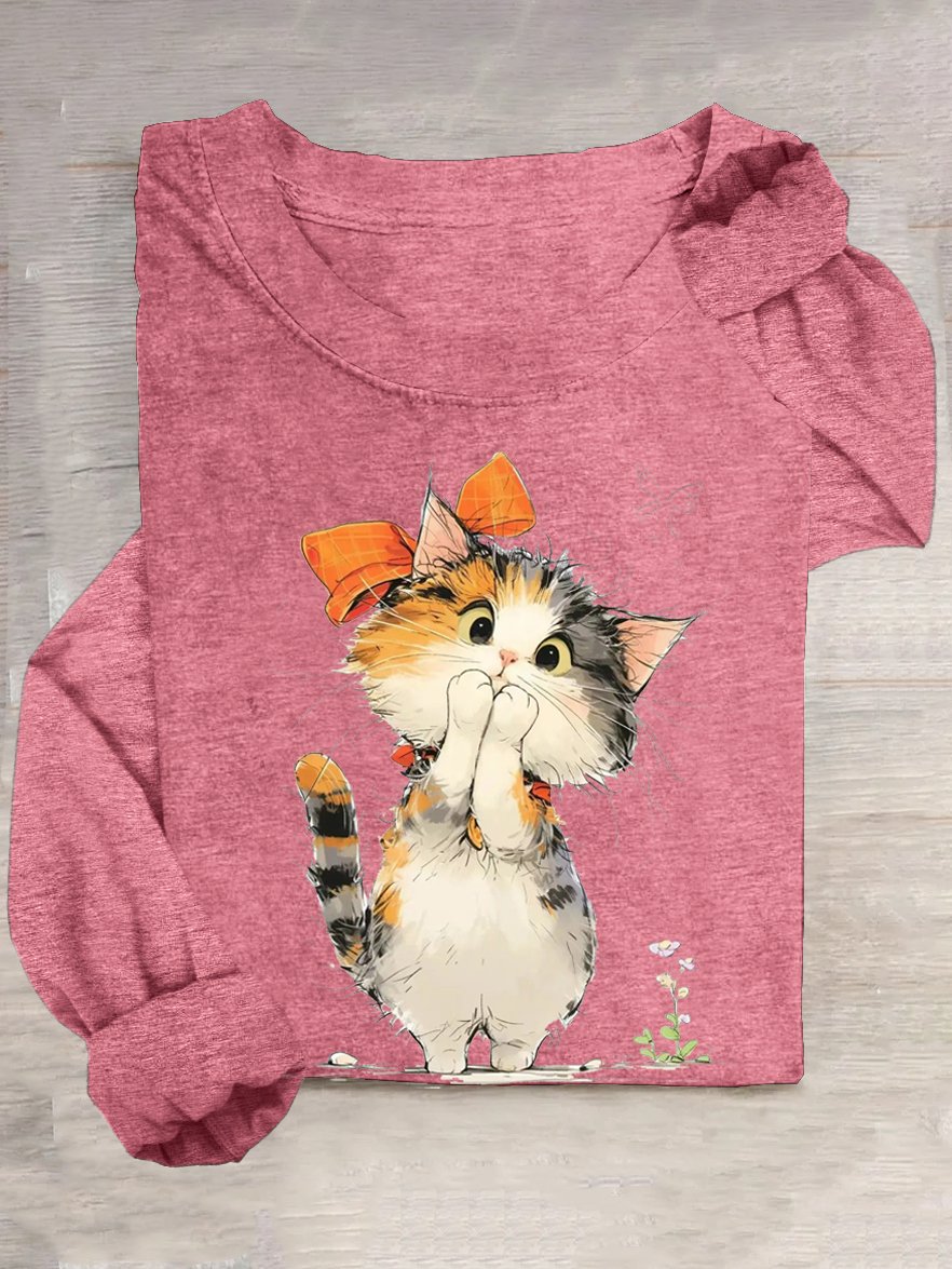 Weit Lässig Katze Baumwollmischung T-Shirt