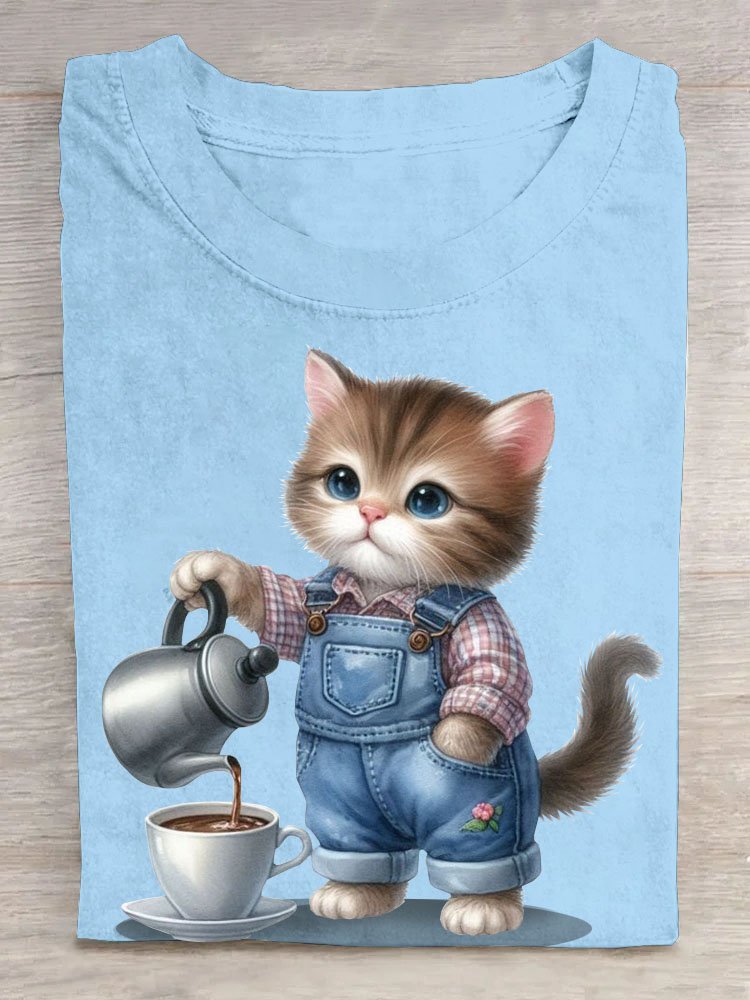 Lustig Katze Print Damen Lässig Kurz Ärmeln Rundhals T-Shirt