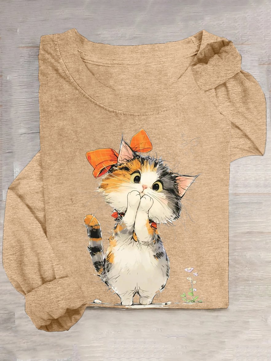 Weit Lässig Katze Baumwollmischung T-Shirt