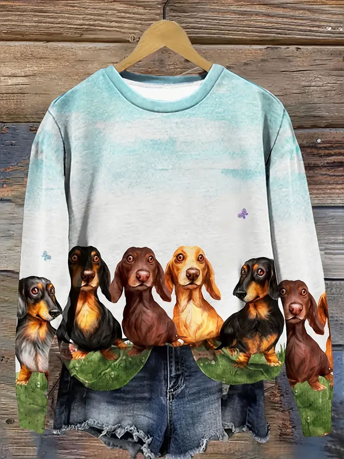 Lustig Hund Print Damen Lässig Langarm Rundhals Pullover Sweatshirt