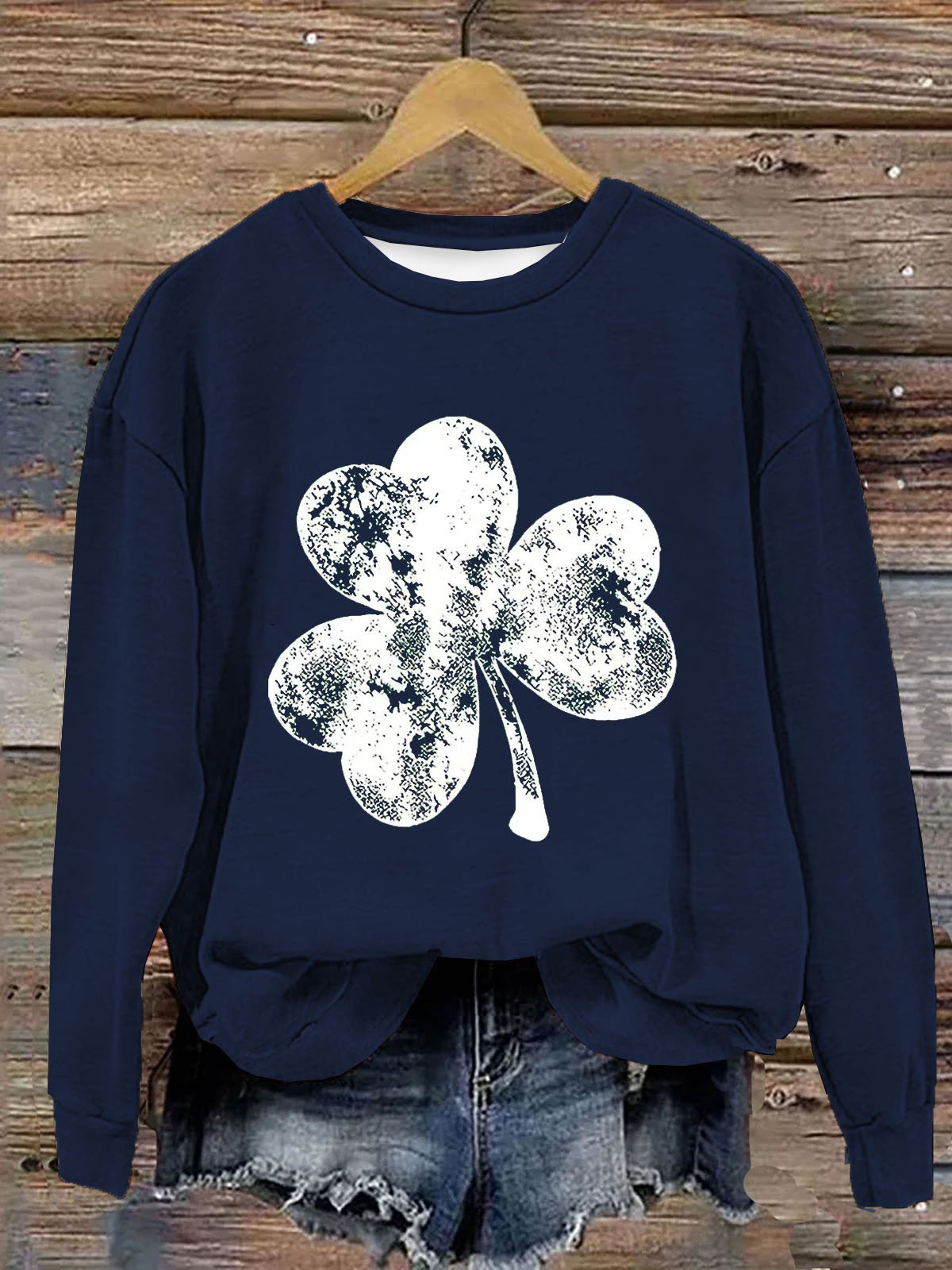 Vier Blätter Kleeblatt Print Damen Lässig Langarm Rundhals Pullover Sweatshirt