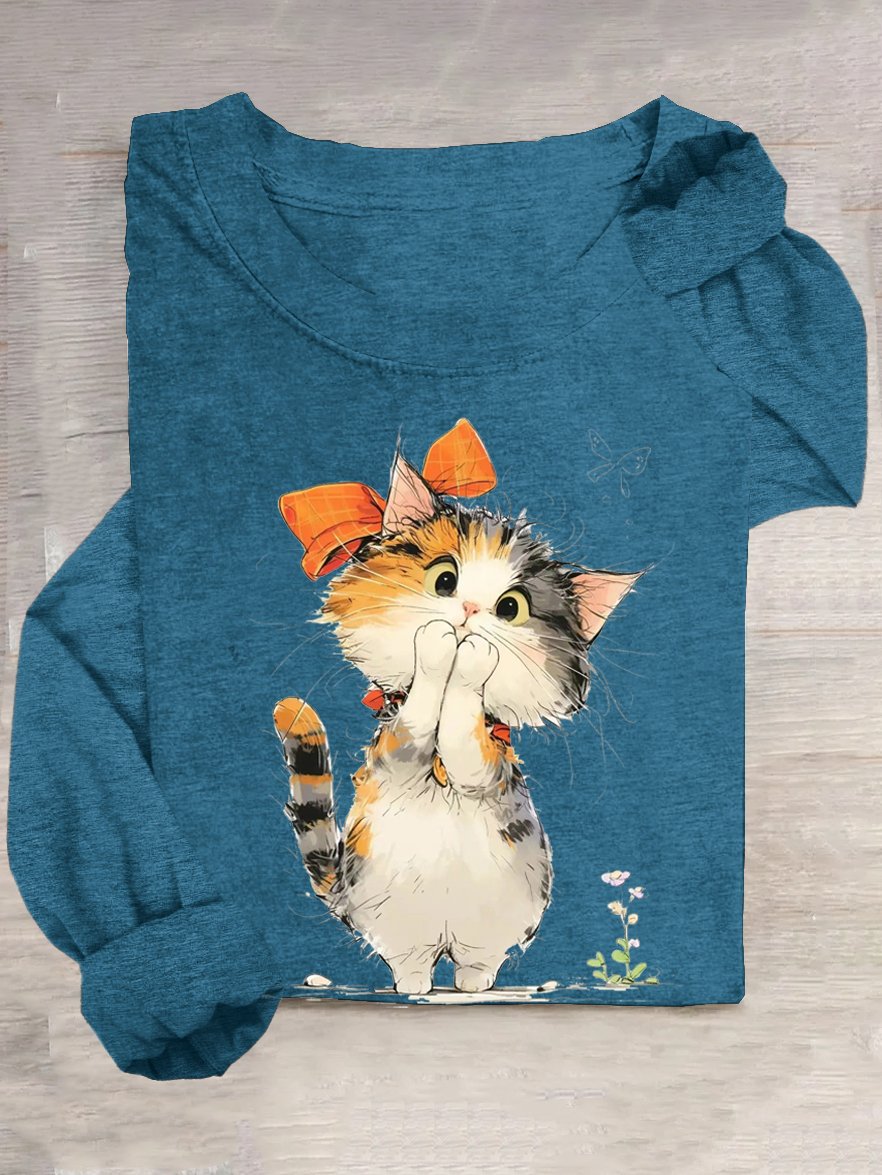 Weit Lässig Katze Baumwollmischung T-Shirt