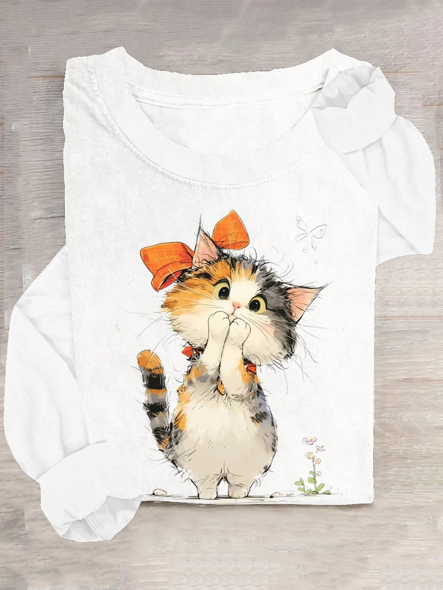 Weit Lässig Katze Baumwollmischung T-Shirt