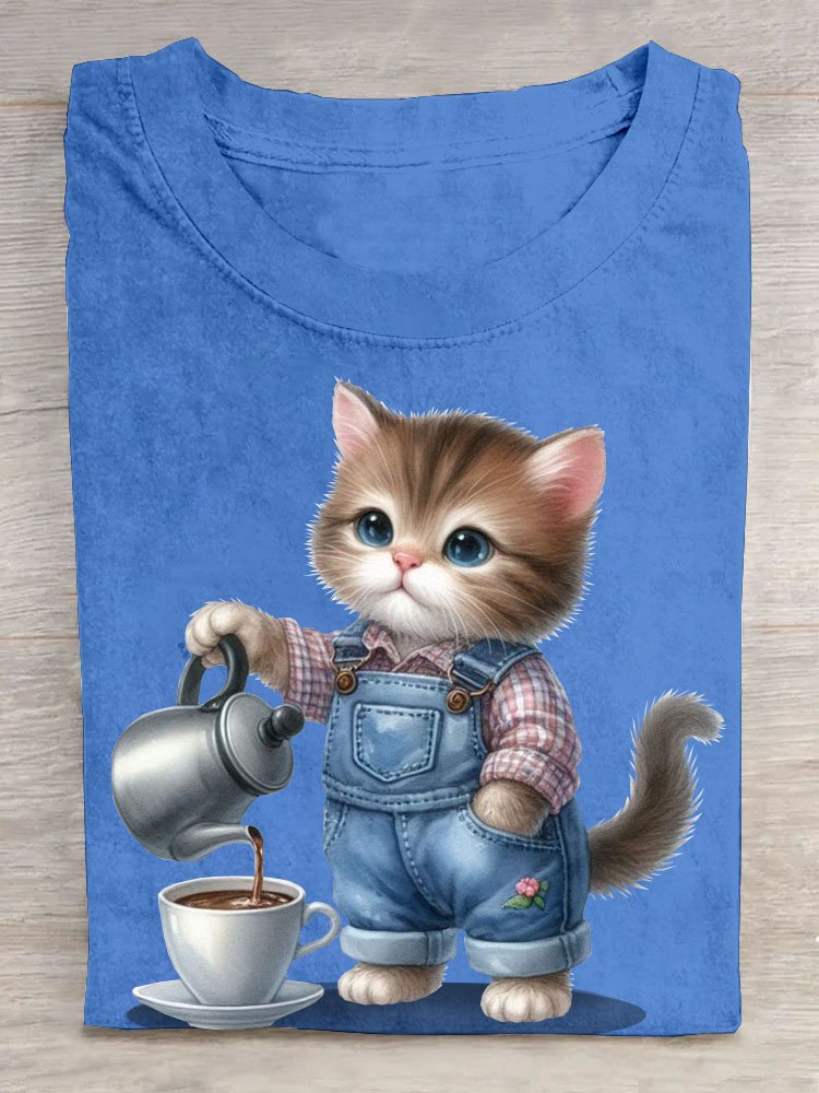 Lustig Katze Print Damen Lässig Kurz Ärmeln Rundhals T-Shirt