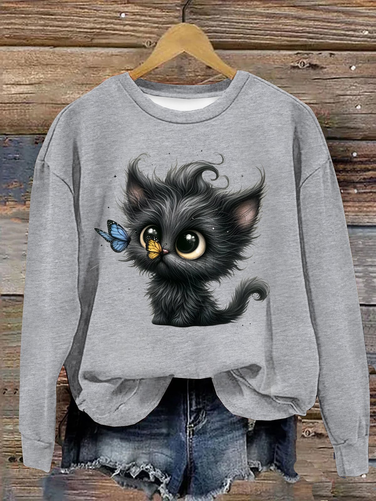 Weit Lässig Baumwolle Katze Sweatshirt