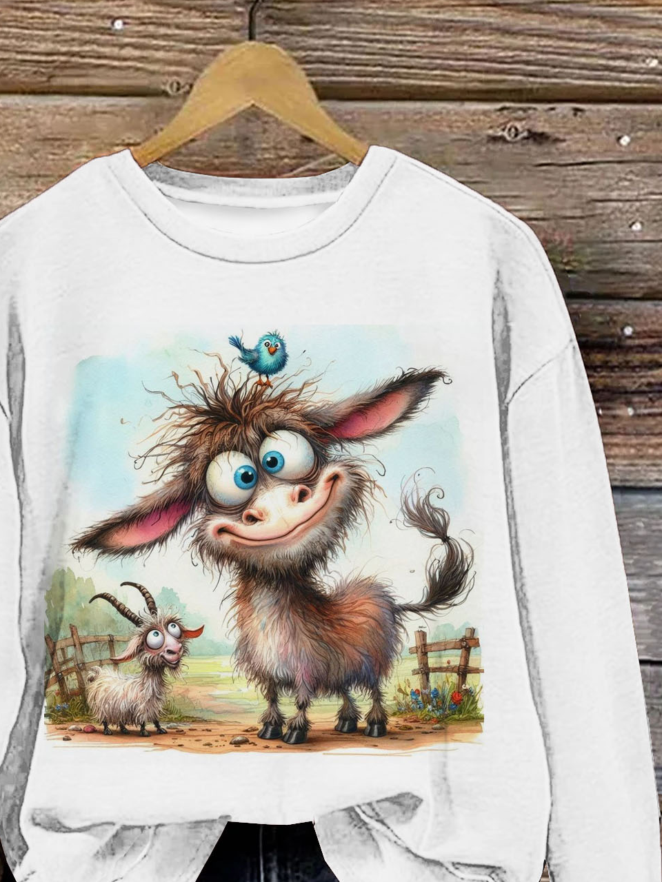 Kuh und Schaf Bauernhof Print Damen Lässig Langarm Rundhals Sweatshirt