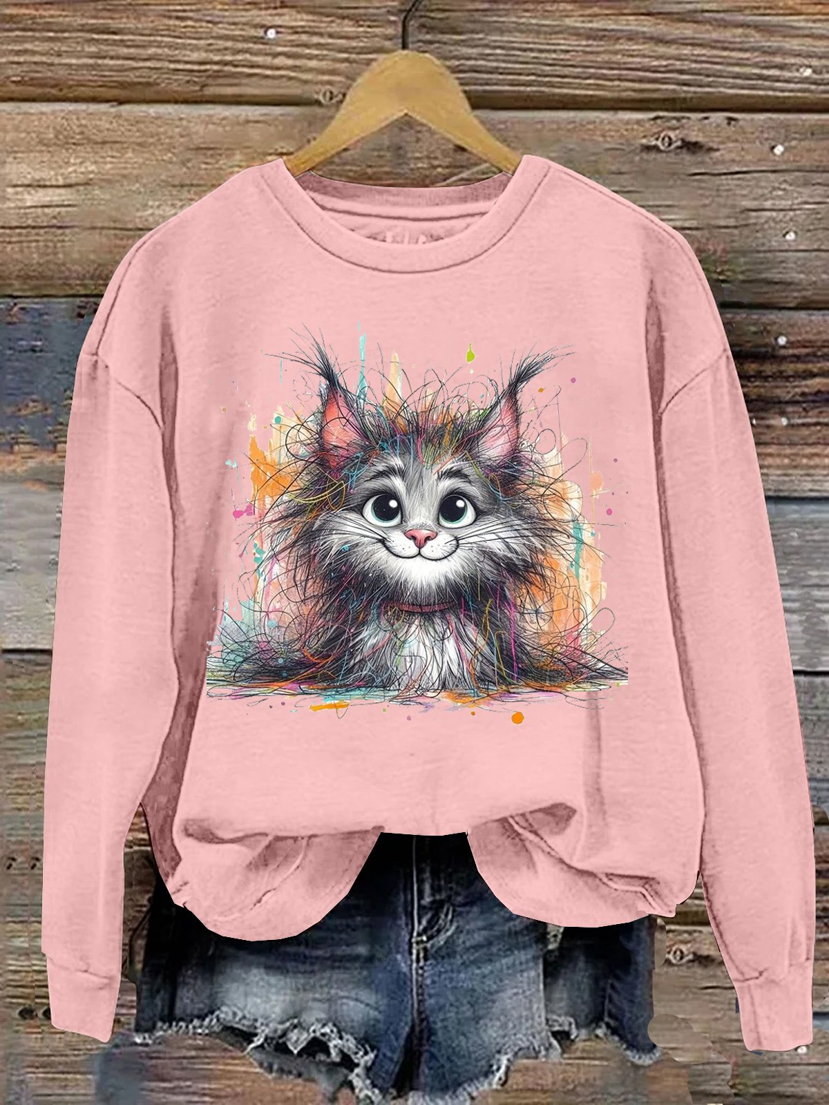 Baumwolle Lässig Rundhals Katze Sweatshirt