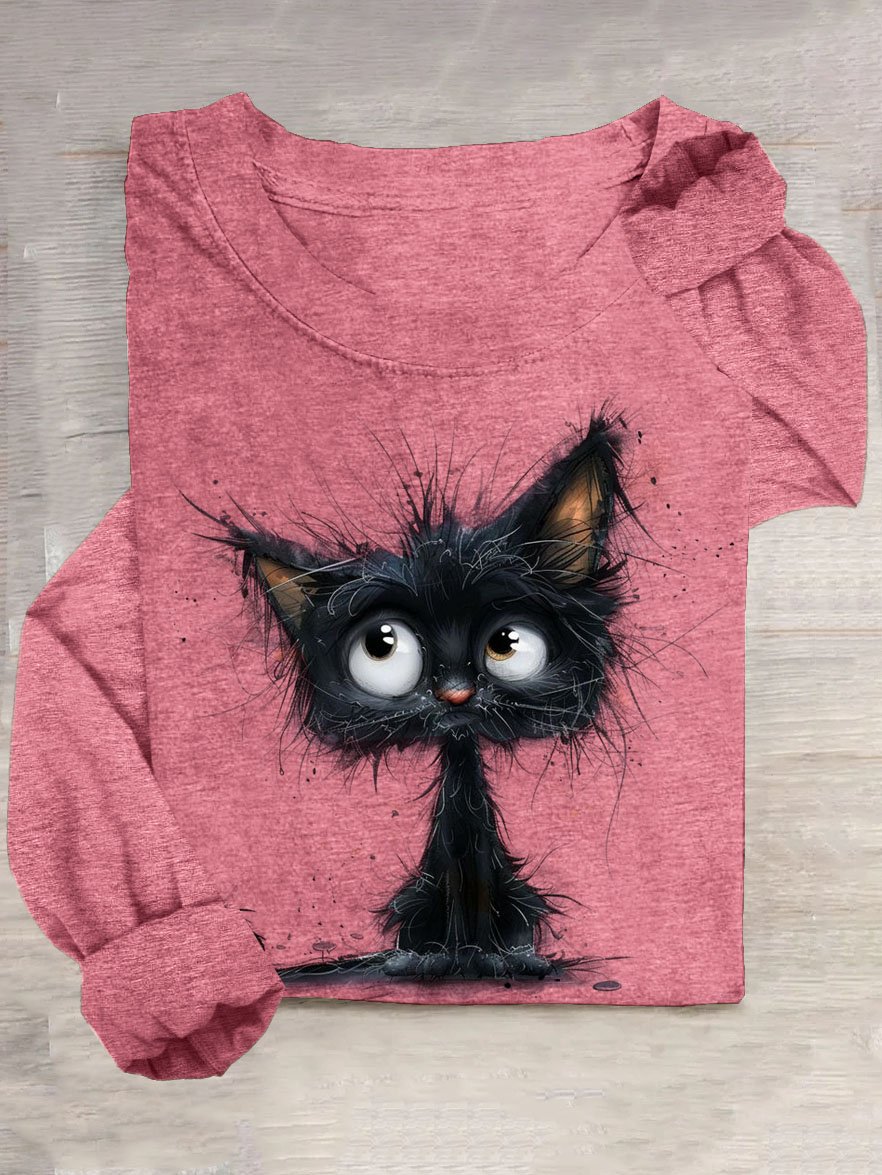 Lustig Katze Print Lässig Damen Rundhals T-Shirt