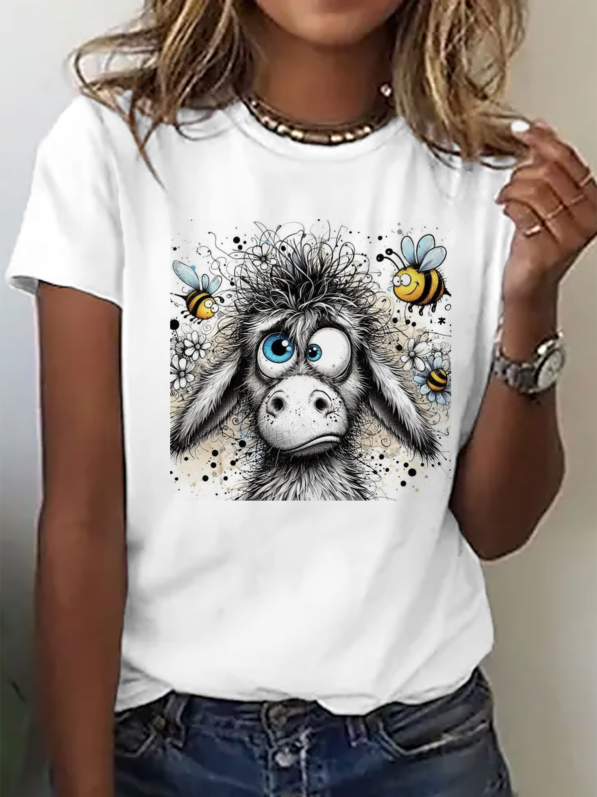 Weit Lässig Tiere Baumwolle Esel und Biene T-Shirt