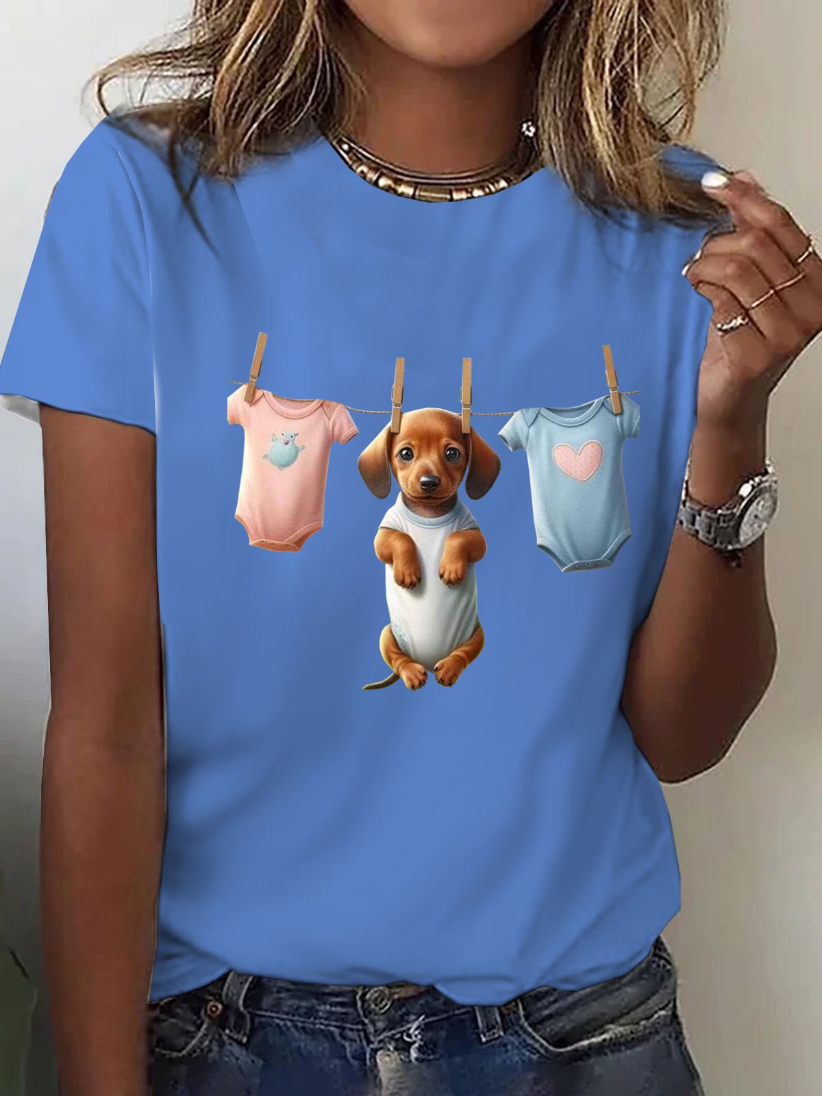 Lustig Hund Print Rundhals Lässig Damen T-Shirt