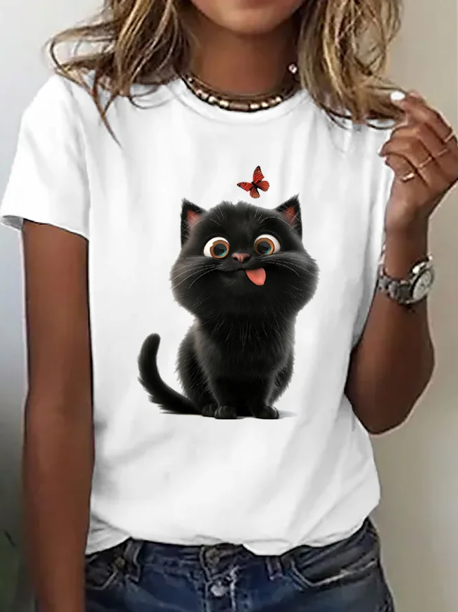 Rundhals Weit Katze Lässig T-Shirt