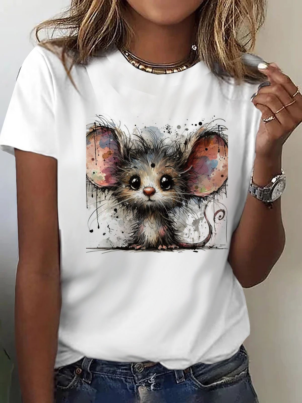 Lustig Maus Print Rundhals T-Shirt