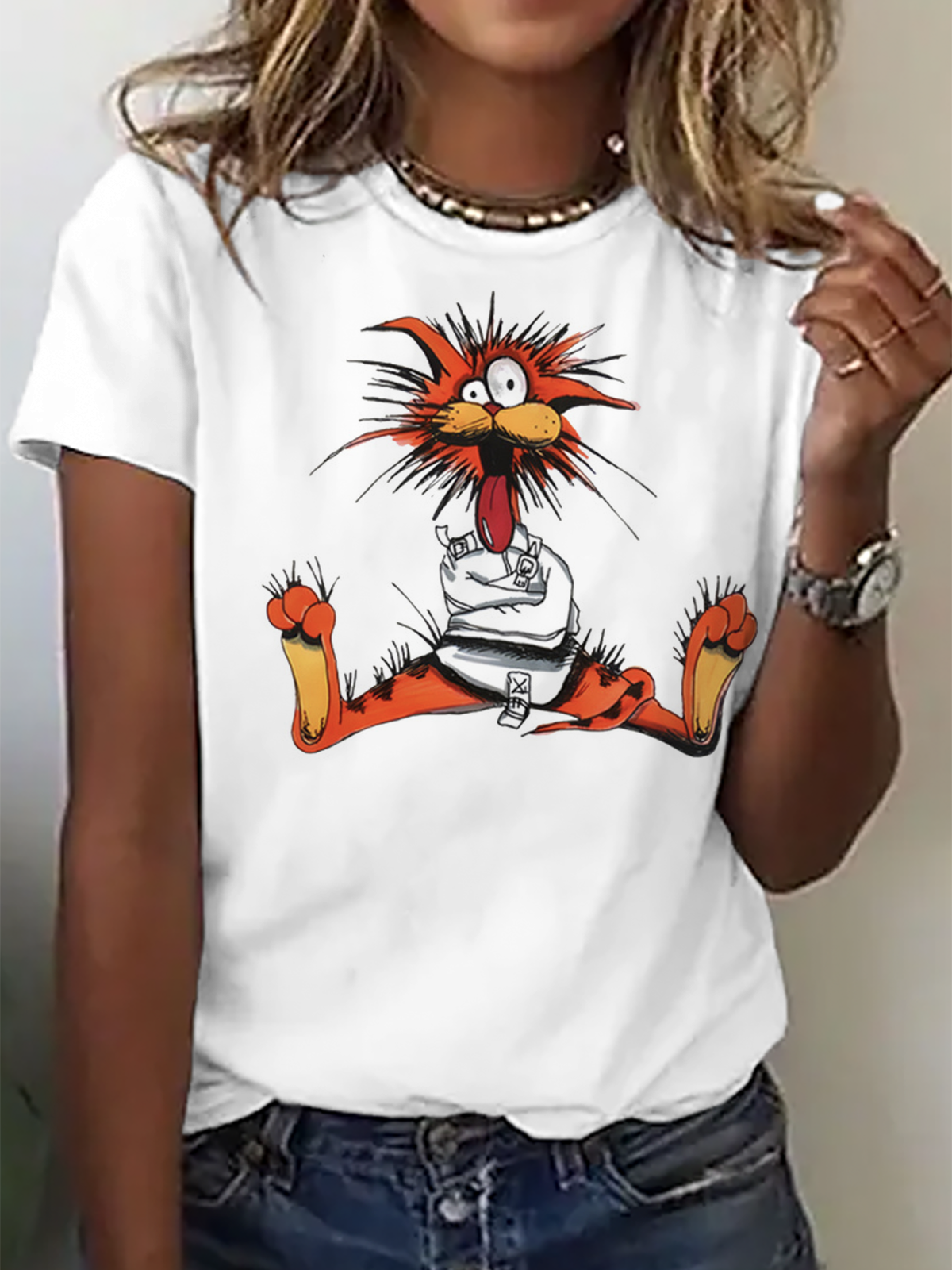 Kartoon Tiere Baumwollmischung Weit Lässig T-Shirt