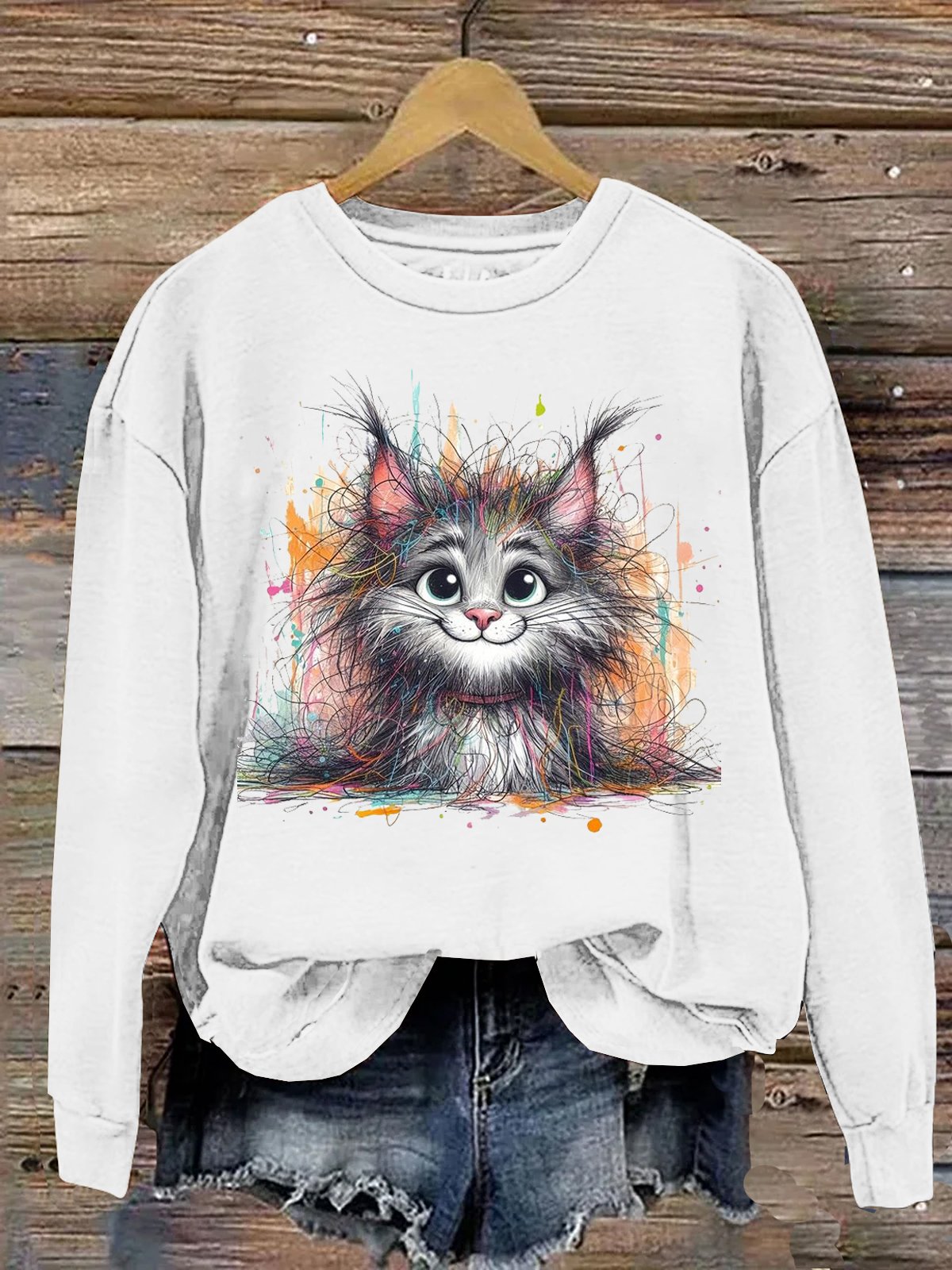 Baumwolle Lässig Rundhals Katze Sweatshirt