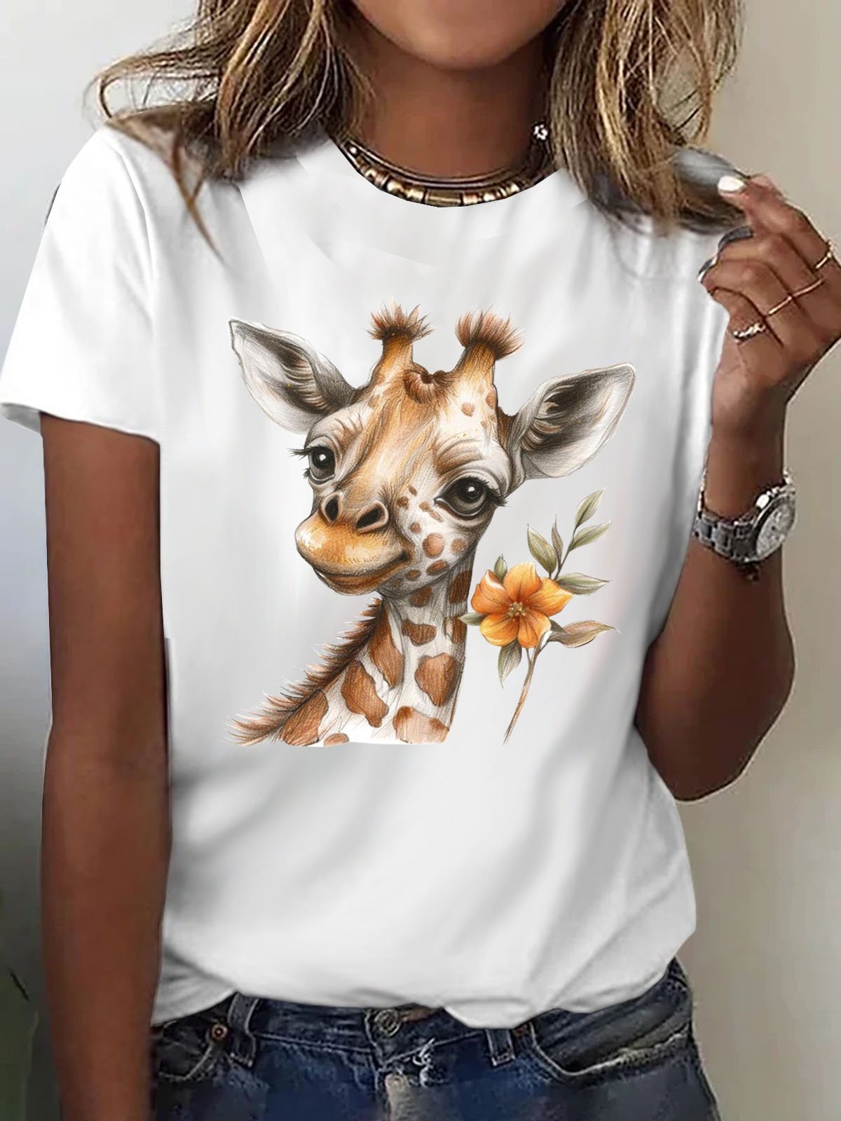 Giraffe Print Lässig Damen Rundhals T-Shirt