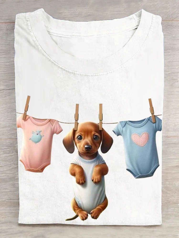 Lustig Hund Print Rundhals Lässig Damen T-Shirt