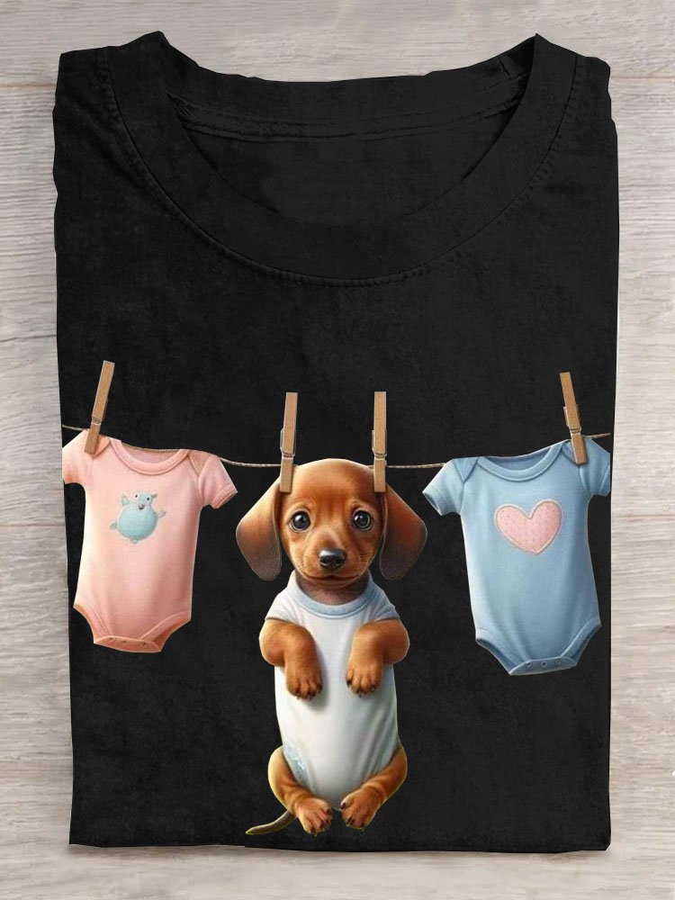 Lustig Hund Print Rundhals Lässig Damen T-Shirt