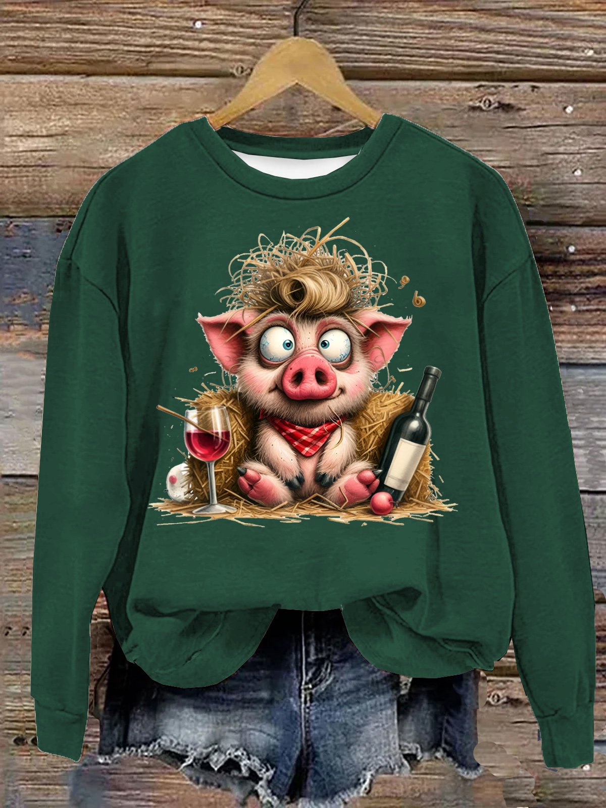 Süß Ferkel Mit Wein Flasche und Glas Baumwolle Sweatshirt