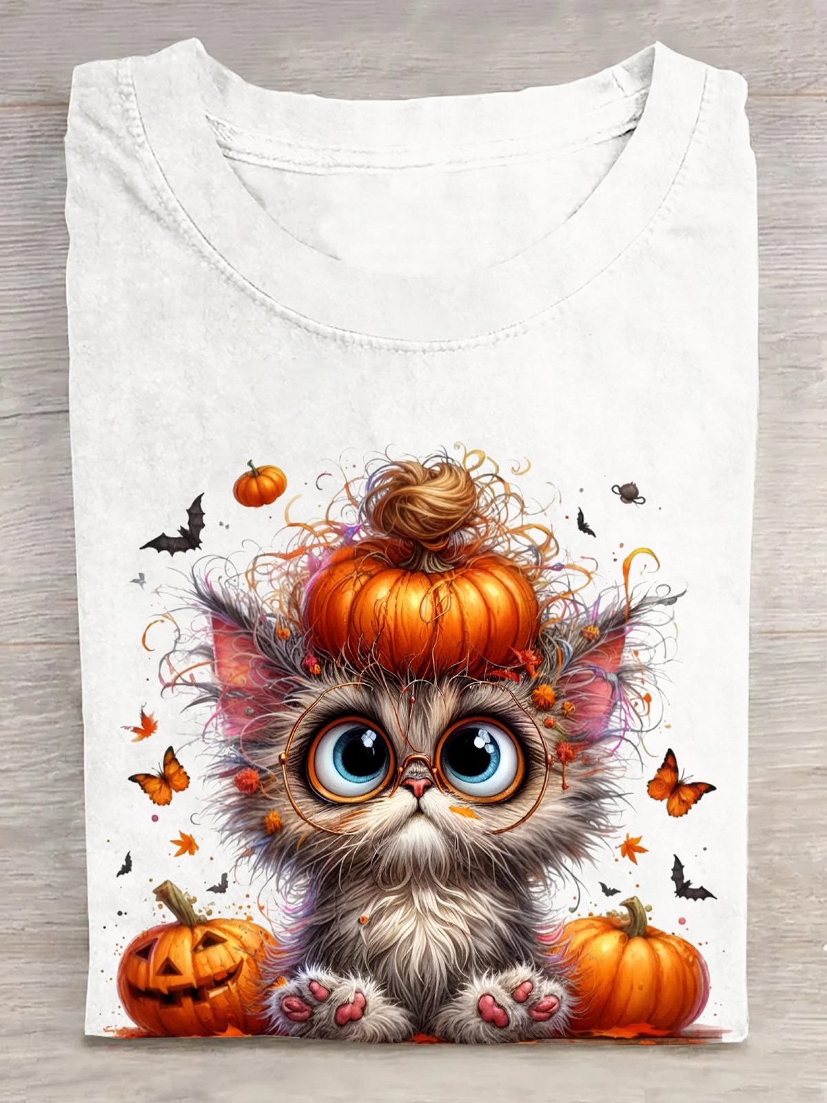 Halloween-Katze Clip Art Mit Kürbis Hut und groß Augen Baumwolle T-Shirt