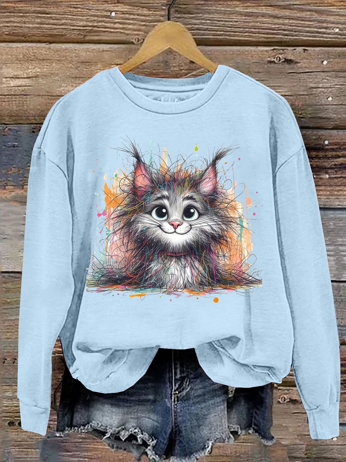 Baumwolle Lässig Rundhals Katze Sweatshirt