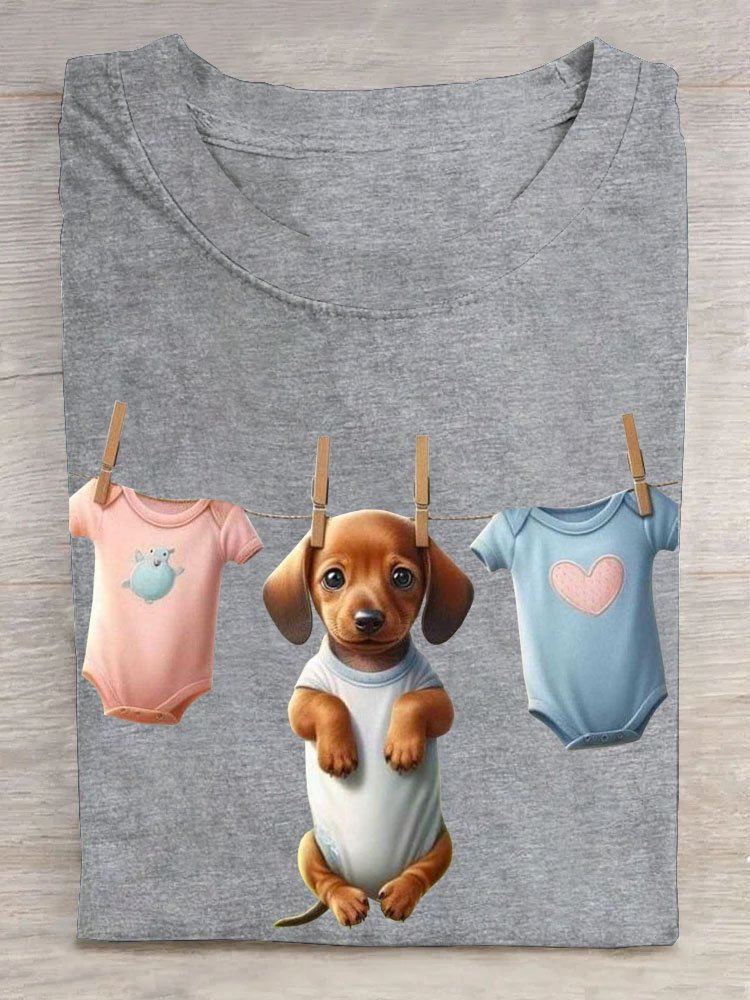 Lustig Hund Print Rundhals Lässig Damen T-Shirt