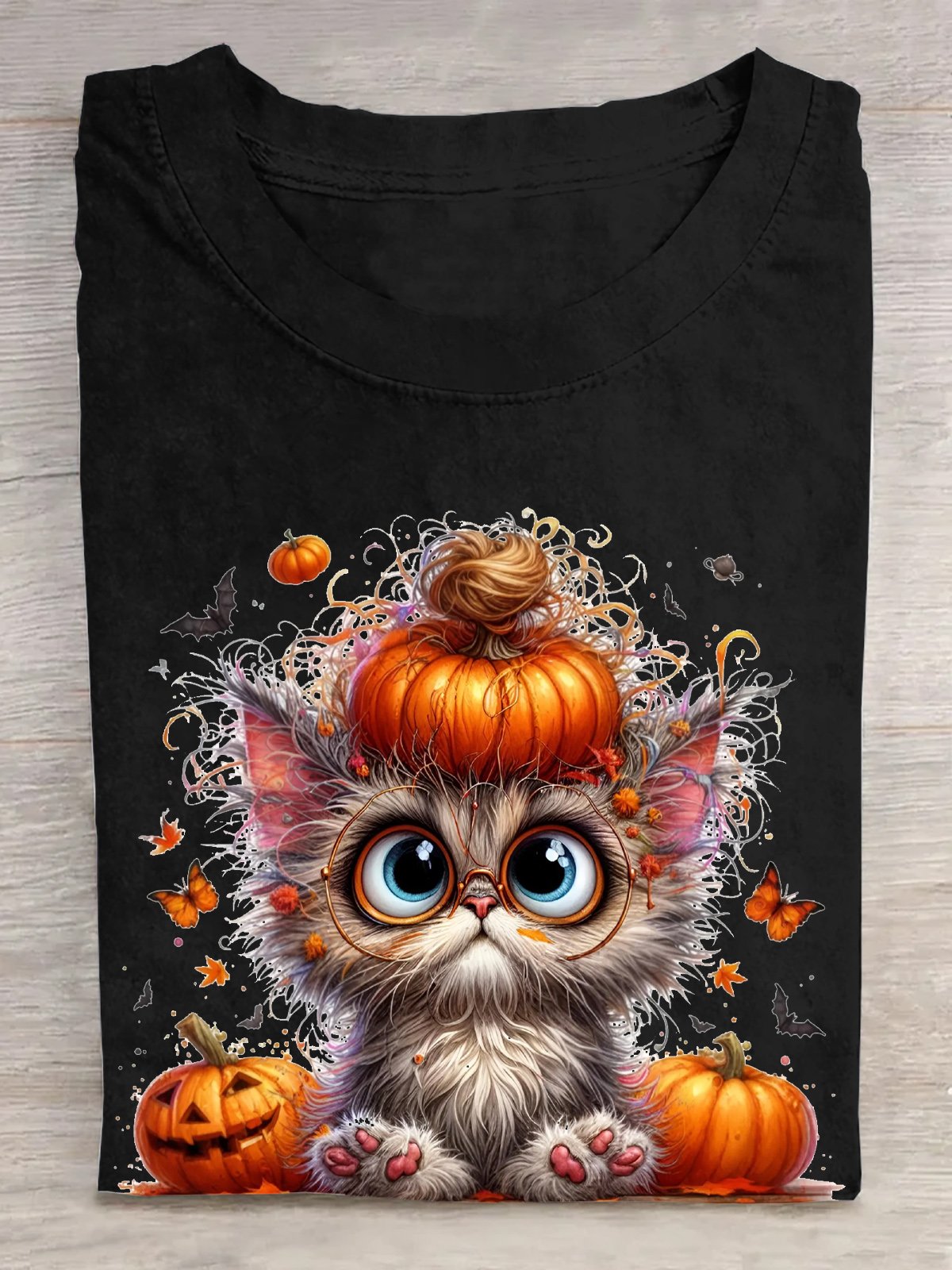 Halloween-Katze Clip Art Mit Kürbis Hut und groß Augen Baumwolle T-Shirt