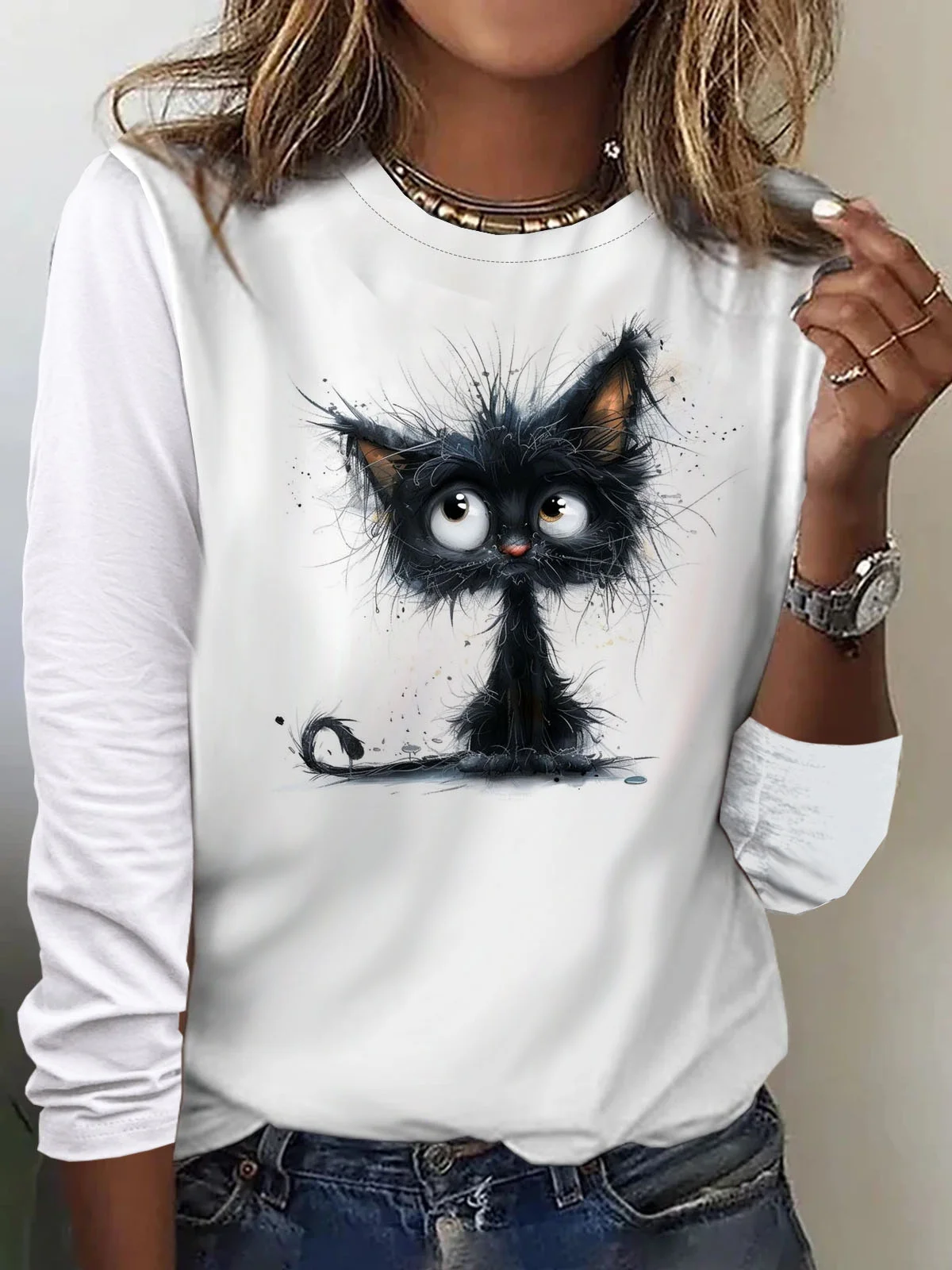 Lustig Katze Print Lässig Damen Rundhals T-Shirt