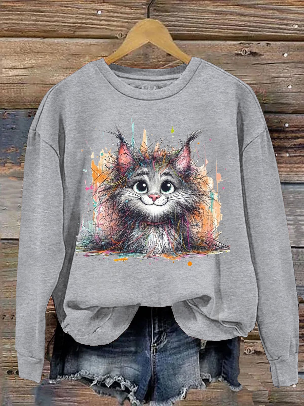 Baumwolle Lässig Rundhals Katze Sweatshirt