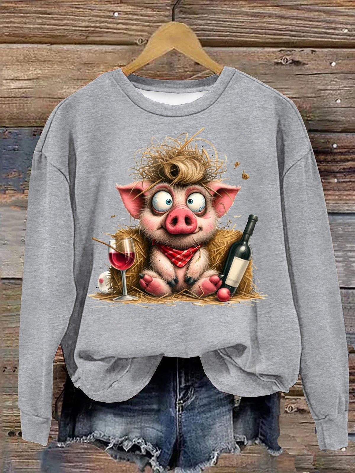 Süß Ferkel Mit Wein Flasche und Glas Baumwolle Sweatshirt