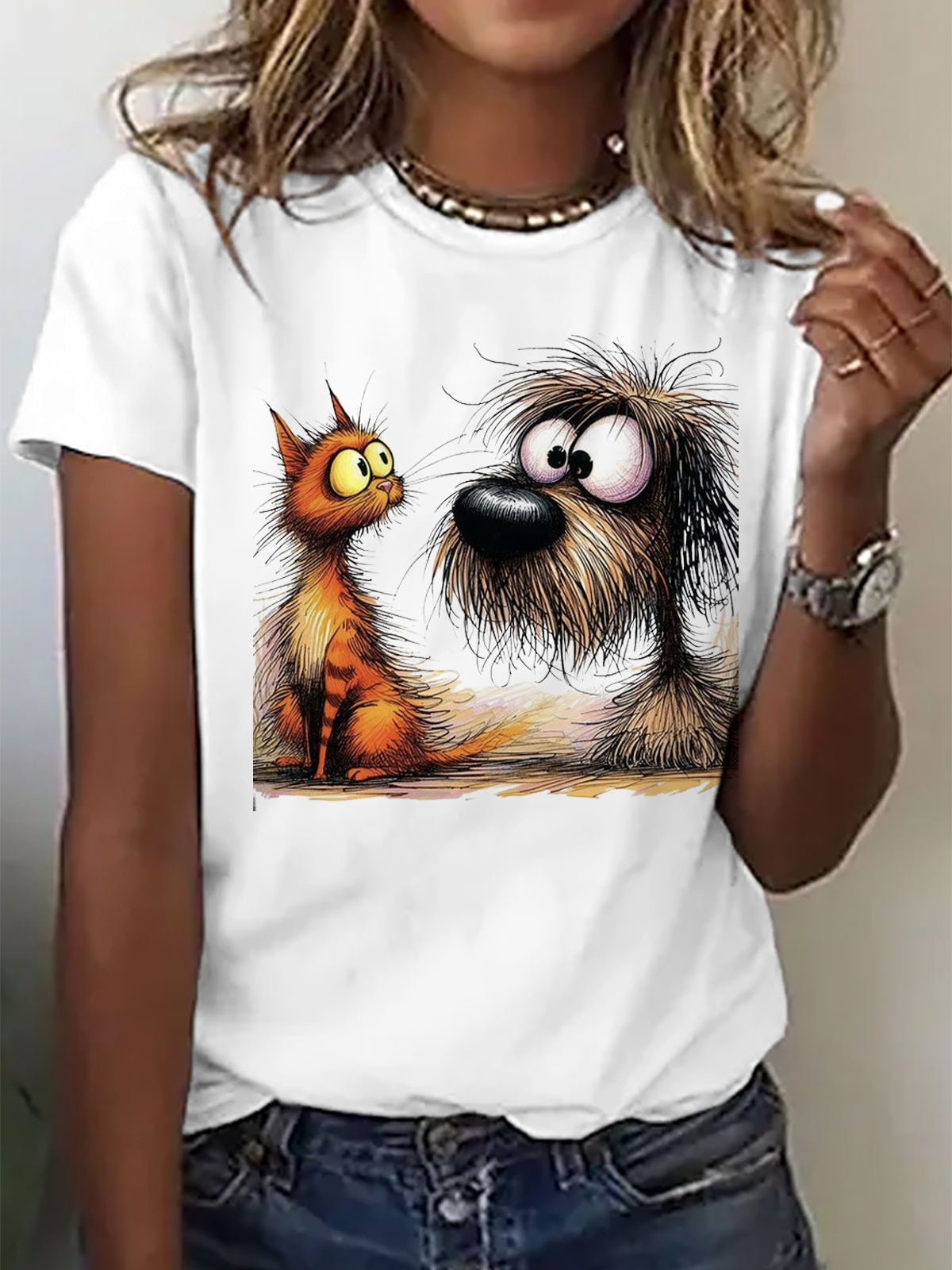 Rundhals Katze Lässig Weit T-Shirt