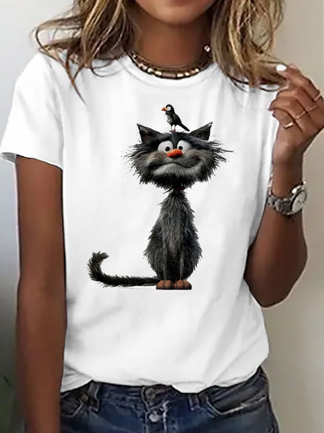 Lässig Katze Weit Rundhals T-Shirt