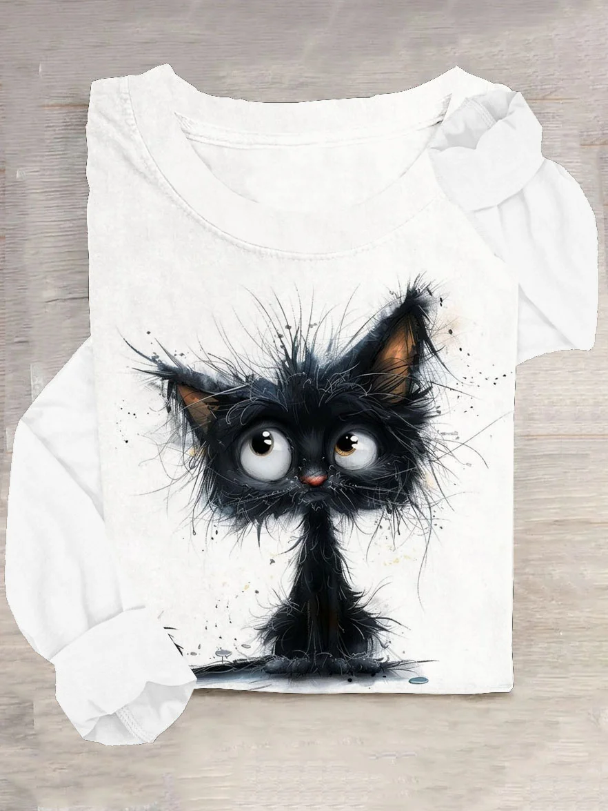 Lustig Katze Print Lässig Damen Rundhals T-Shirt