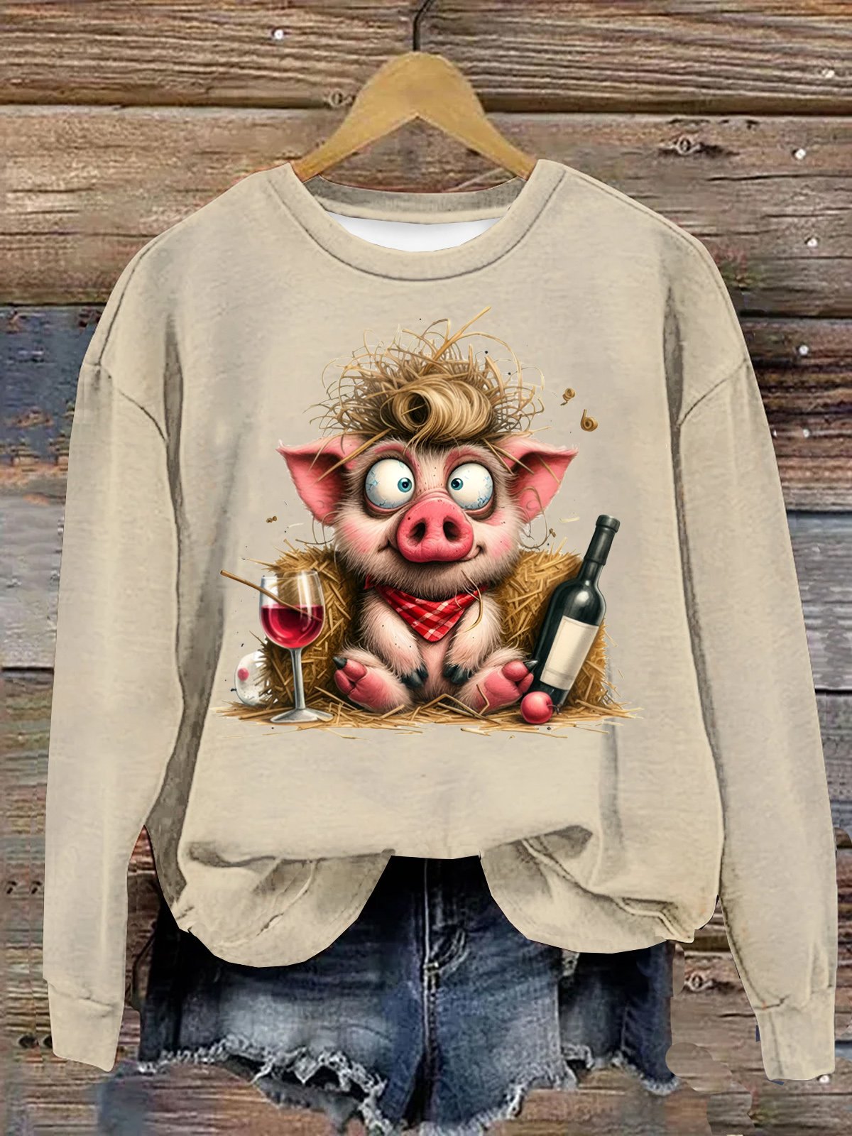 Süß Ferkel Mit Wein Flasche und Glas Baumwolle Sweatshirt